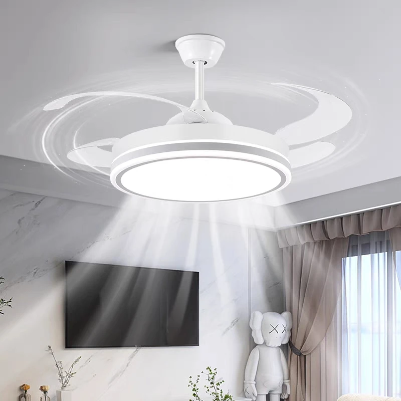 

42-Inch crystal inverter iron 4 retractable plastic blades, powerful motor, music remote control ceiling fan with light