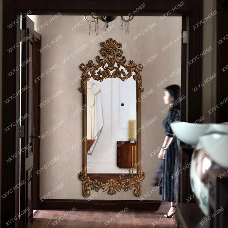 

Hentry entrance mirror wall hanging retro, soft background wall carved mirror against the wall light luxury fitting mirror