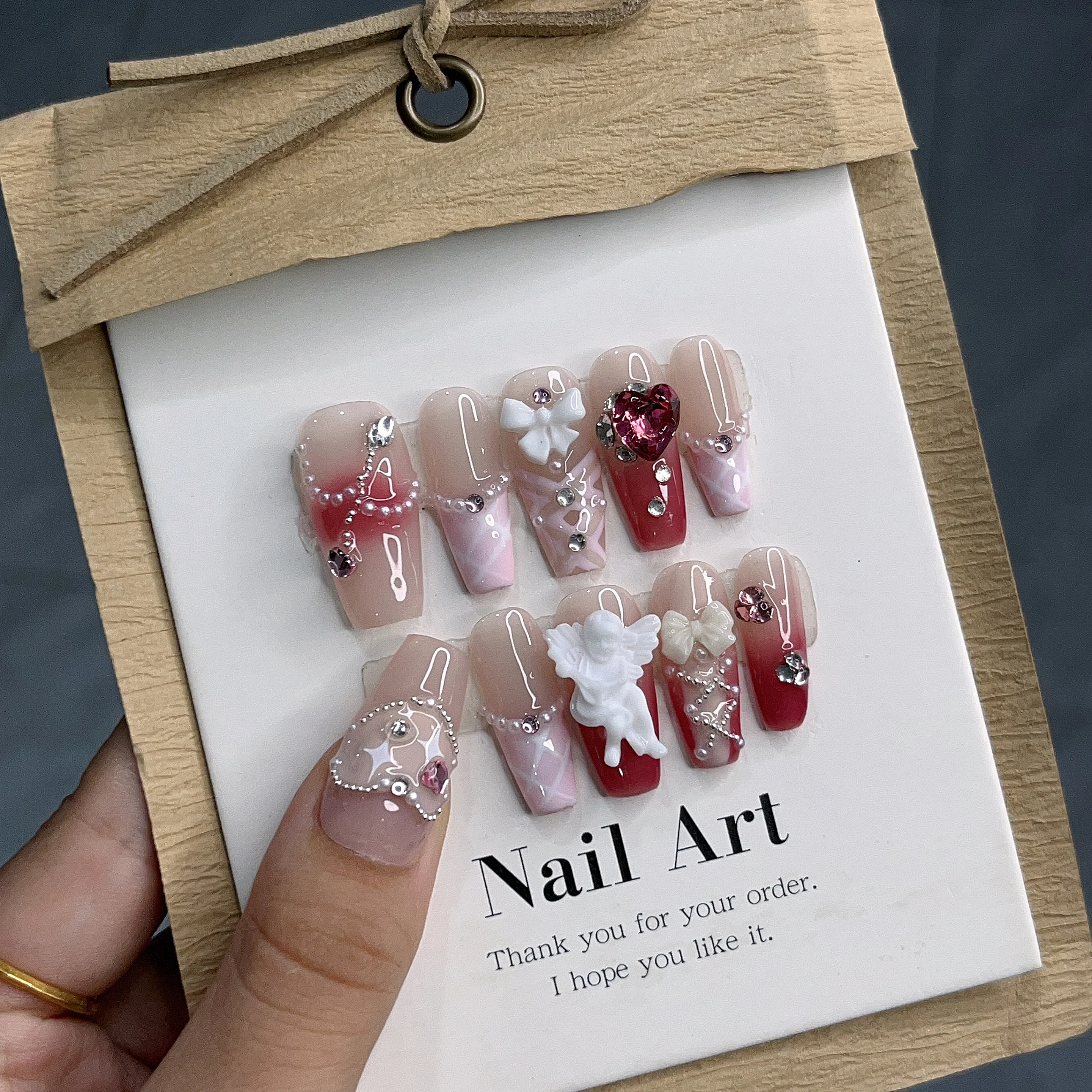 Handmade Press On Nails with Little Angel Medium Length Bowknot for Cute Style In Emmabeauty Store.No.EM24459