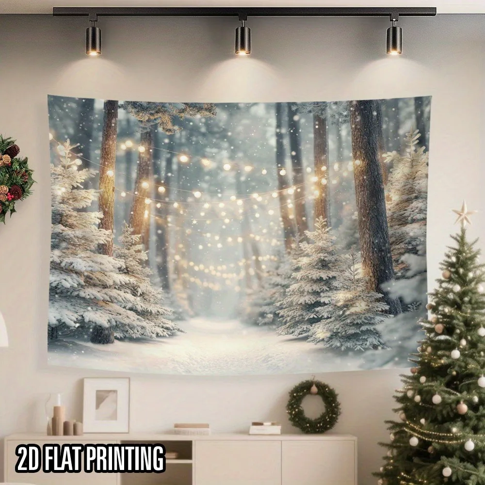 2D Flat Winter Snowy Forest Glowing Fairy Lights Tapestry & Flannel Blanket - Battery-Powered (Batteries Not Included) Twinkling