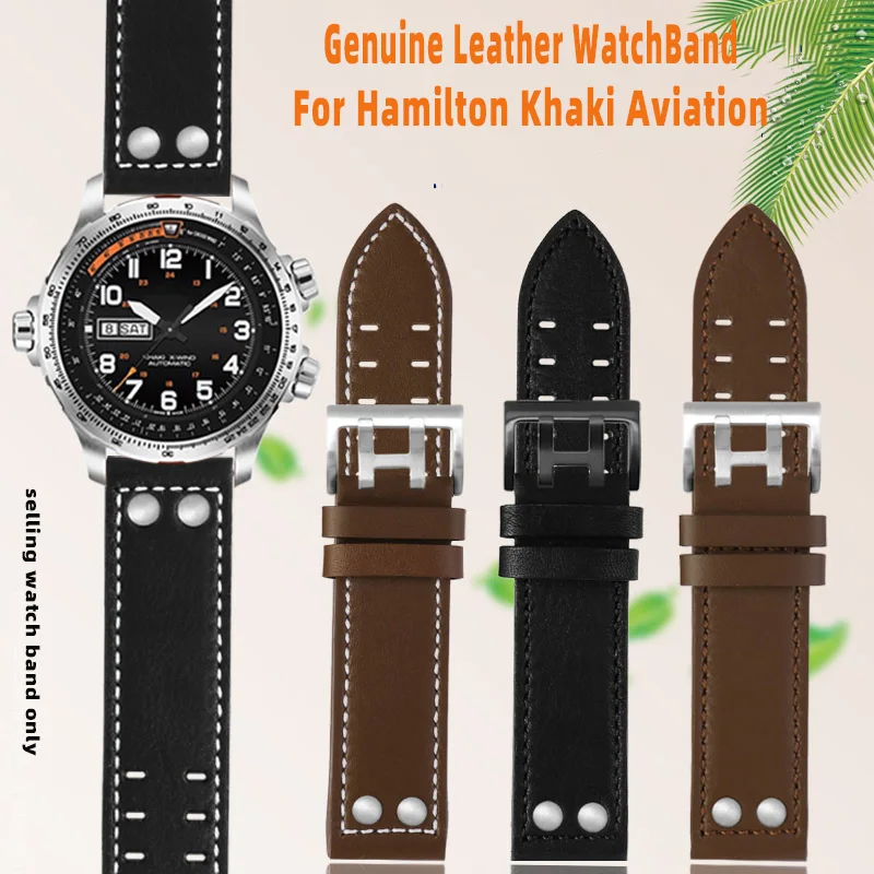 20mm 22mm cowhide Watchband for Hamilton Khaki Aviation Field Series Men's Watch Band Bracelte with Rivets Strap Brown