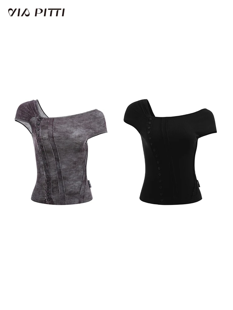 Short-Sleeved T-shirt Women's Cotton Gradient Tie-Dye Fashion Slim Irregular Button Shoulder Stitching Spring Summer Fashion Top