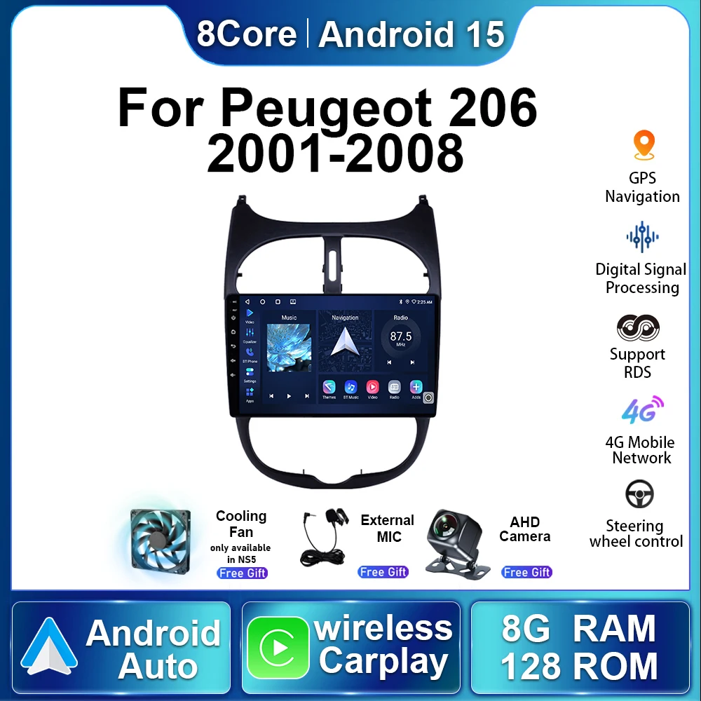 

Stereo Wireless Carplay Navi GPS For Peugeot 206 206CC 206SW 2001 - 2008 Car Accessories Android15 Autoradio Multimedia Player