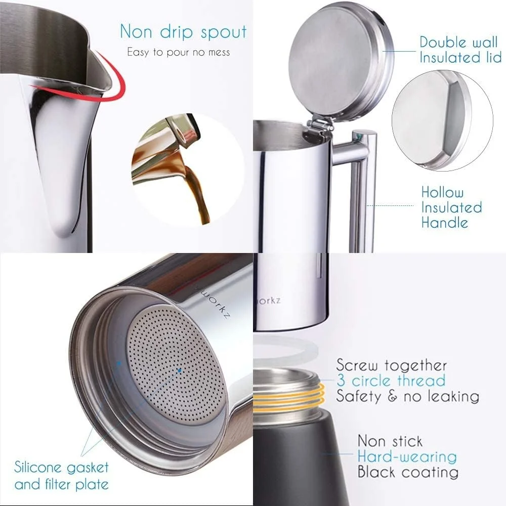 Panci Moka Baja Tahan Karat 6 Cangkir Pembuat Espresso Pegangan Tahan Panas Sendok Kopi 18/8 Alat Dapur Kompor Mudah Dibersihkan Tahan Lama