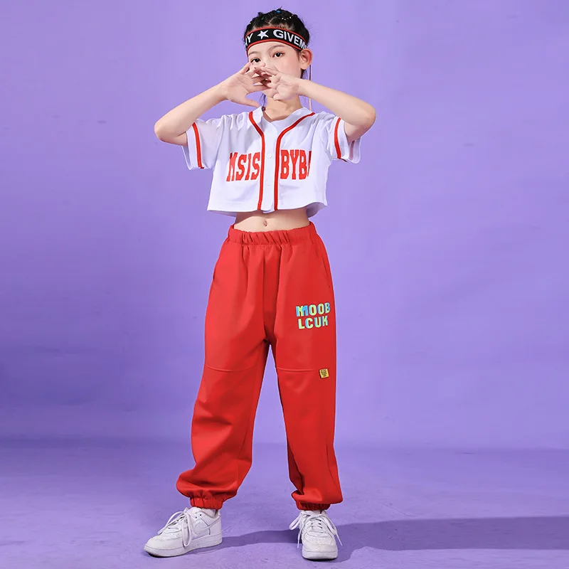 Kid Hip Hop Clothing White Crop Top Shirt Red Skirt Mini Sweat Pants for Girl Boy Jazz Dance Cheerleader Costume Clothes Set