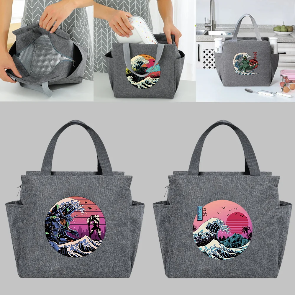 Multifunction Wave Series Printing Lunch Bags Portable Insulated Dinner Box Cooler Bag Picnic Large Capacity Thermal Food Packs