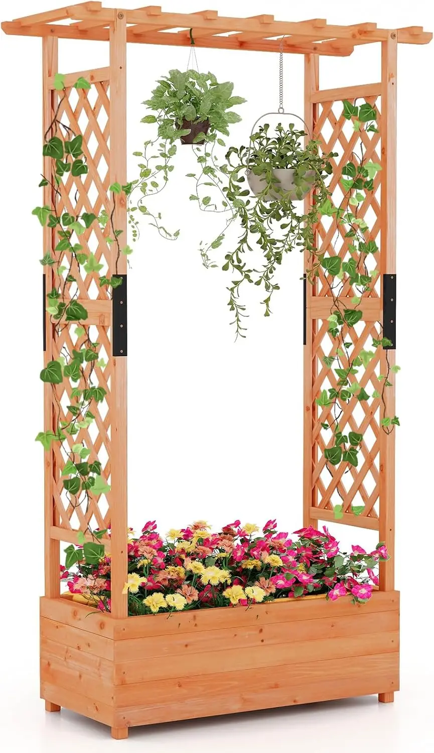 Giantex Raised Garden Bed with 2-Sided Trellis & Hanging Roof, Fir Wood Planter Box w/Drainage Holes, Bottom Gaps, Freestanding