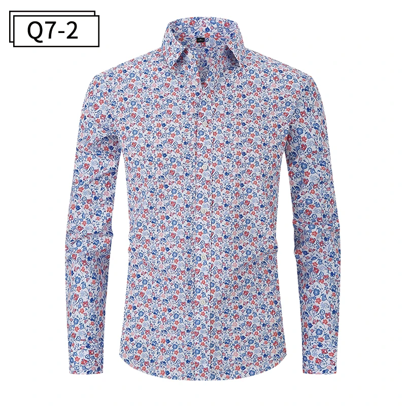 US Size Men\'s Floral Print Shirts Long Sleeve Casual Shirts Flower Printing Polyester Thin Hawaiian Regular Loose Men Shirt