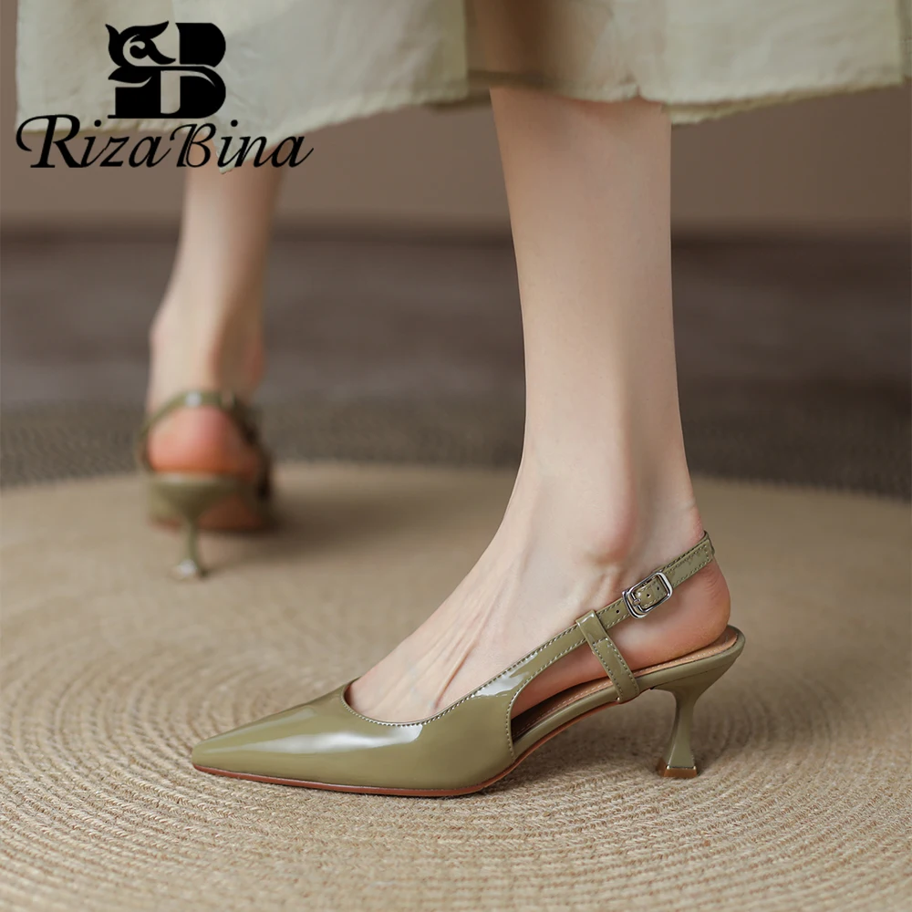 

RIZABINA Basic Women Pumps Real Leather Pointed Toe Slingback Thin Heel Shoes Female Slip On Solid Color Elegant Dress Shoes New