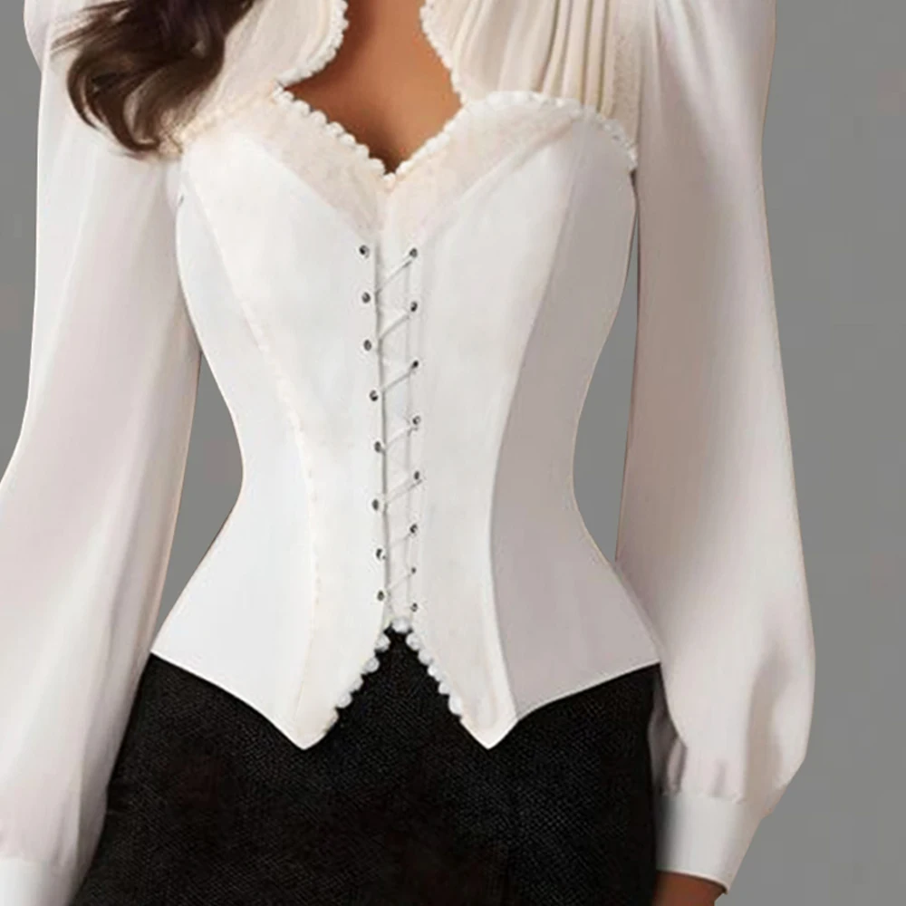 Women's Elegant Corset Blouse Shirt Solid Color Slim Fit Puff Sleeve Lace Up Bustier Formal Evening Party Wedding Blouse Shirts