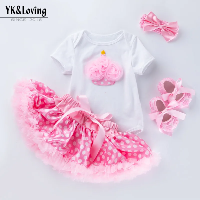 

Baby Holiday Outfit Short Sleeve Cartoon Cake Romper Pink Polka Dot Puffy Skirt Walking Shoes3Piece Suit