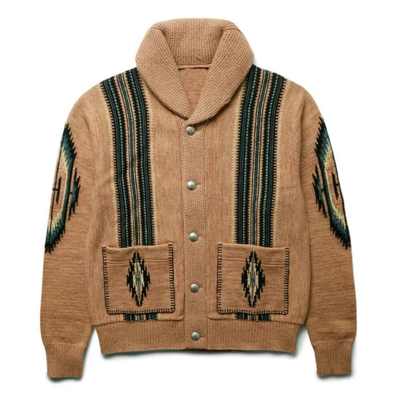 2024 Men Europe and The United States Autumn and Winter New High-end Jacquard Sweater Casual Vintage Lapel Outdoor Sweater Coat