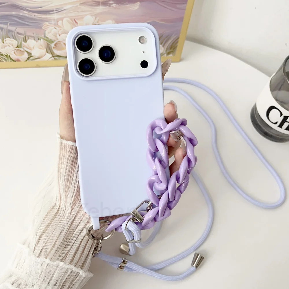 Crossbody الحبل الاكريليك سوار ماتي لينة الحال بالنسبة آيفون 12 13 14 15 16 17 برو ماكس زائد السائل سيليكون غطاء مقاوم للصدمات