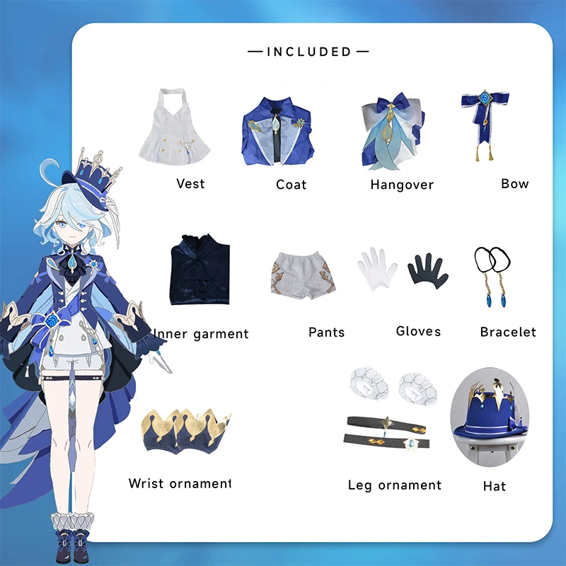 Rolecos Genshin Impact Furina Cosplay Kostüm Fontaine Wasser gott Focal ors Halloween Kostüm Frauen Party Rollenspiel blaue Uniform