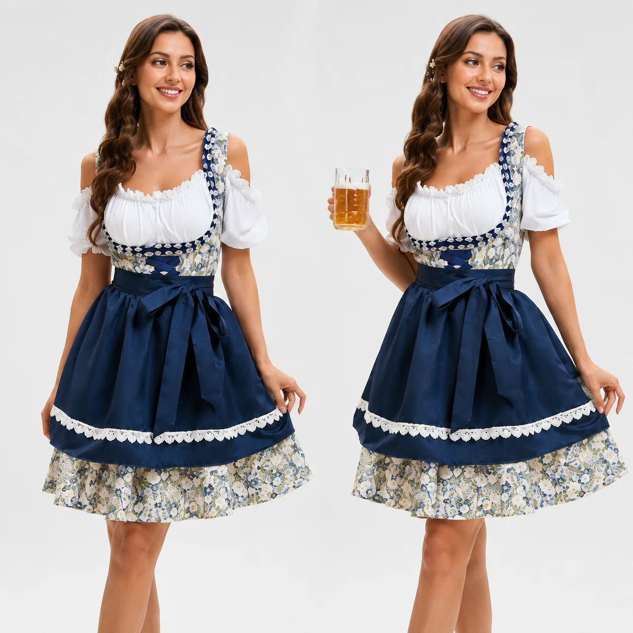 Traje Tradicional Bávaro de Oktoberfest, Vestido Dirndl Floral con Hombros Descubiertos y Manga Corta, Delantal con Ribete de Encaje Azul Marino para Adultos, Ideal para Festivales