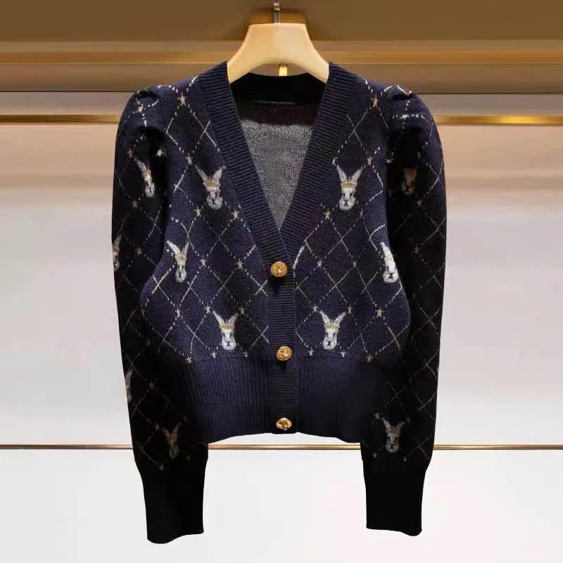 

Mj2020 Autumn Winter New Sle M Home Retro V Ne Rabbit Embroidery Diamond id Slim Knitted Open Cardigan Sweater