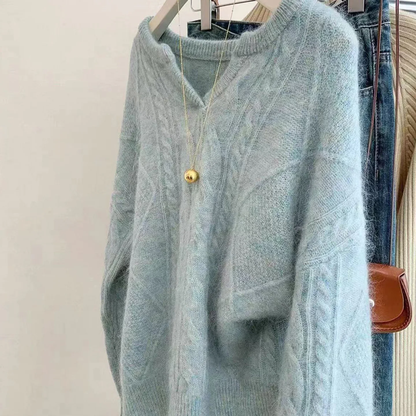 

100% pure wool knitted sweater for women in autumn and winter 2025, loose and lazy style, V-neck sweater, long sleeved pullover