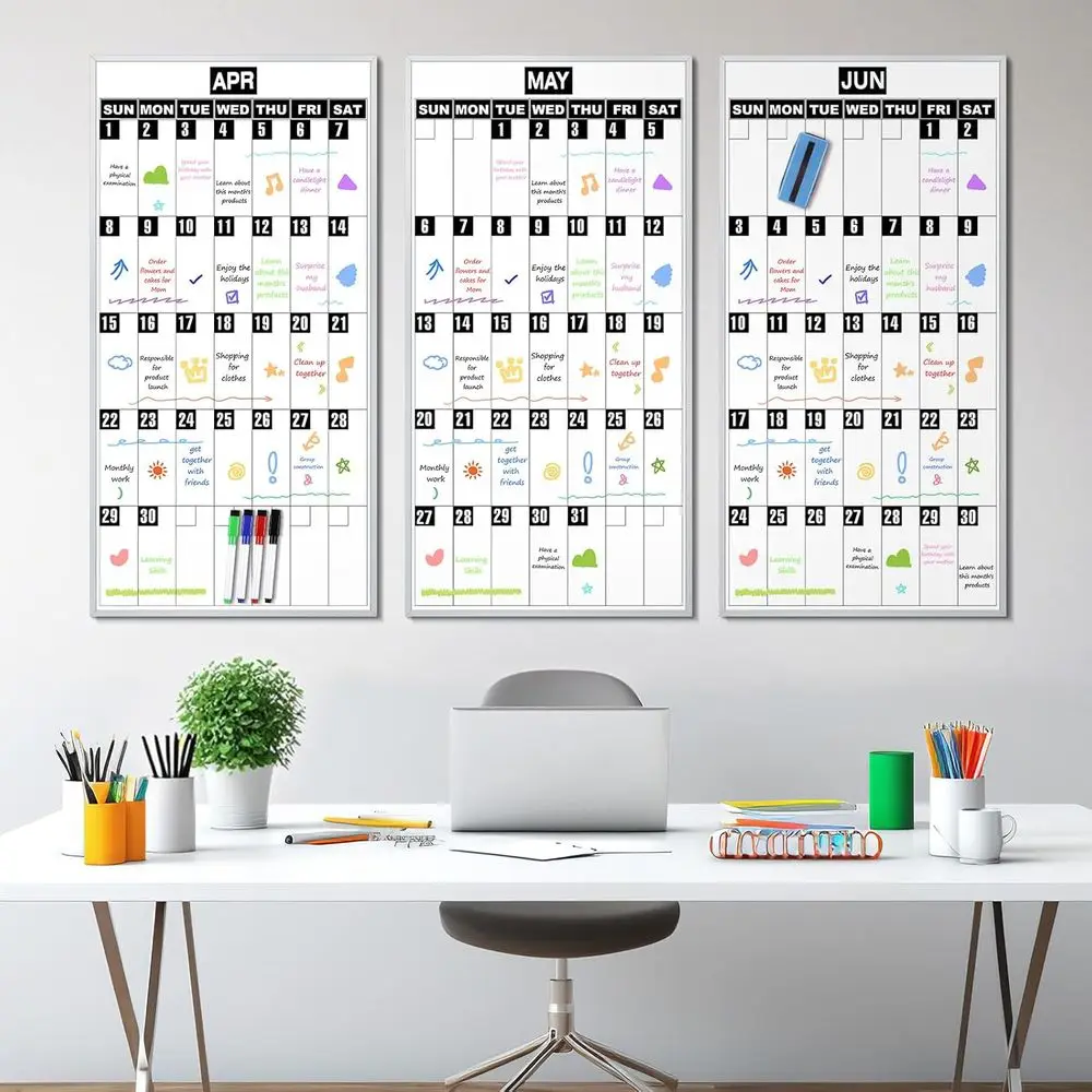 لوحة تقويم مغناطيسية للمسح الجاف مقاس 18 × 35 بوصة مع 3 ملصقات مغناطيسية و4 علامات وممحاة للمنزل والمدرسة والمكتب