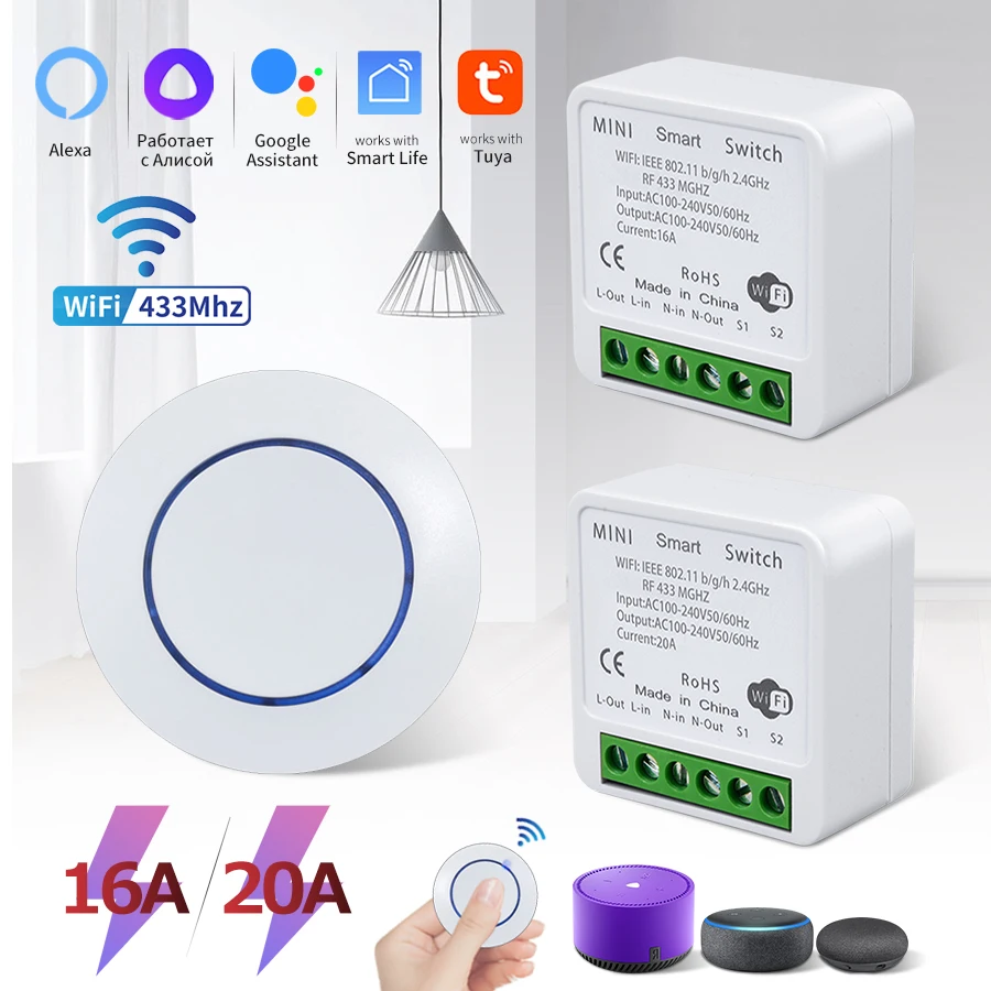 Tuya WiFi Smart Switch 16A 20A 100-240V RF433Mhz ricevitore telecomando Wireless Mini interruttore a pannello rotondo per luce a LED