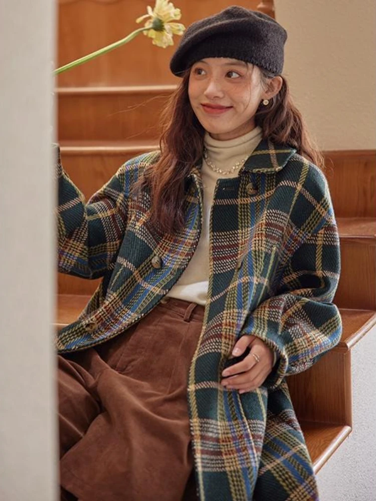 وصل حديثًا معطف صوف منقوش فرنسي عتيق لعام 2025 للنساء معطف متوسط الطول وارتفاع صغير