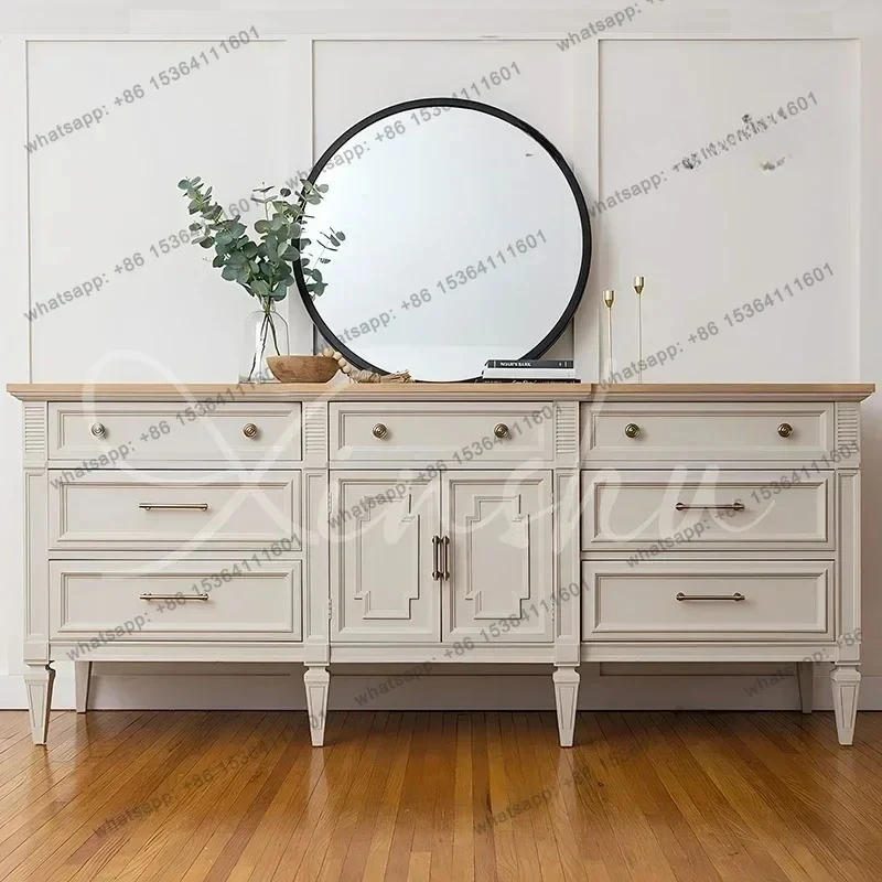 

French White Solid Wood TV Cabinet Living Room Home Side Cabinet Shelf American Retro Storage Locker
