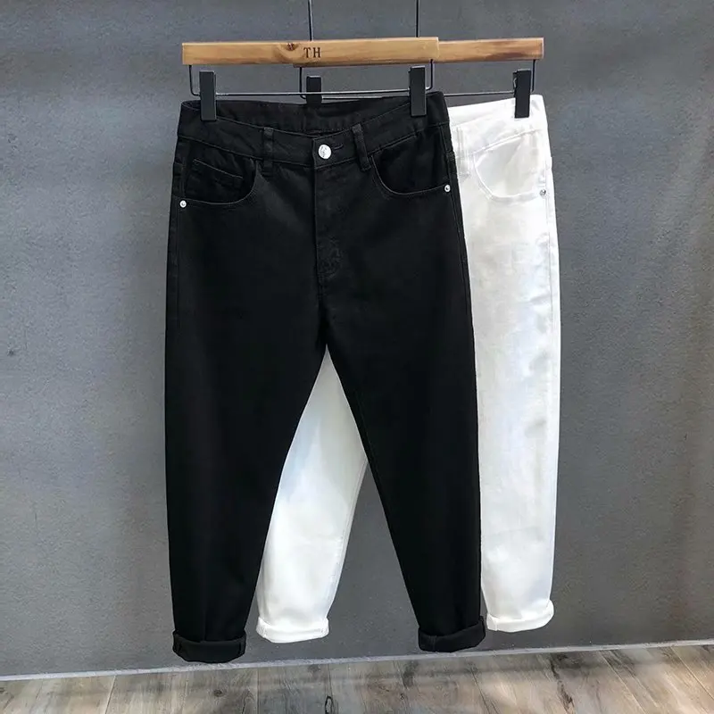 Casual Slim Fit Men's Denim Shorts mid Waist Long Pants Straight Leg Youth Trend Water Washed Multi Pocket Autumn Spring Black
