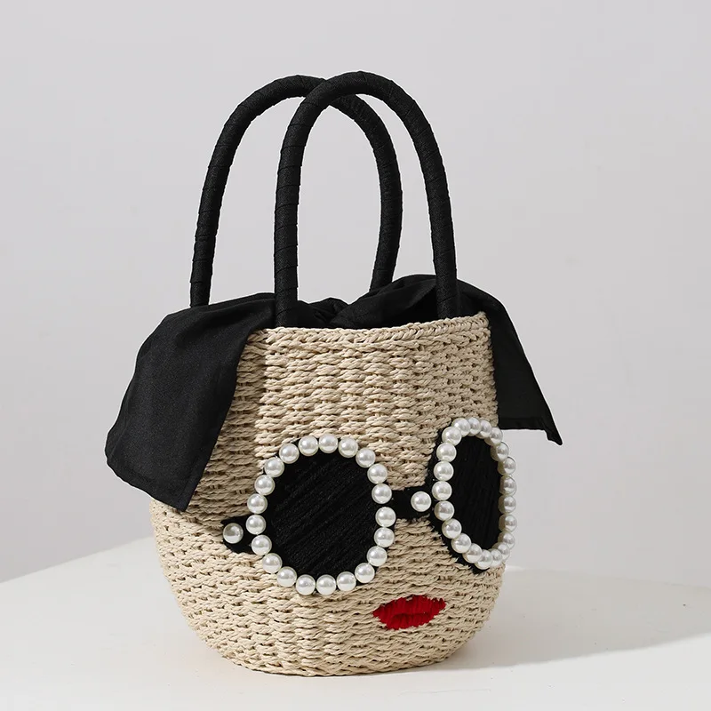 2022 Summer Round Rattan Handmade Sunglasses Pearl Bag Bohemian Leisure Straw Bag Bucket Knit Shoulder Crossbody Bead Beach Bag