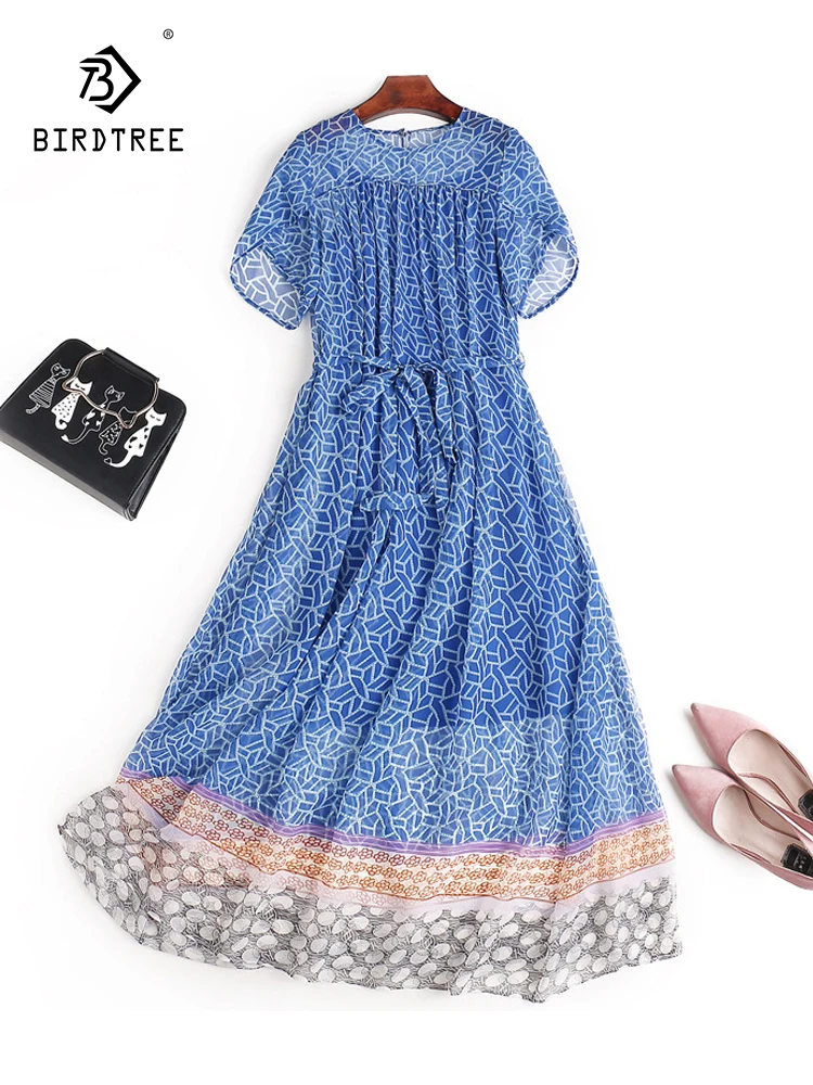 

Birdtree 100%Real Silk Printed Vacation Dress Women Lace Up Bottom Suspender Two-Piece Set Dress 2024 Spring Summer New D3D655QC