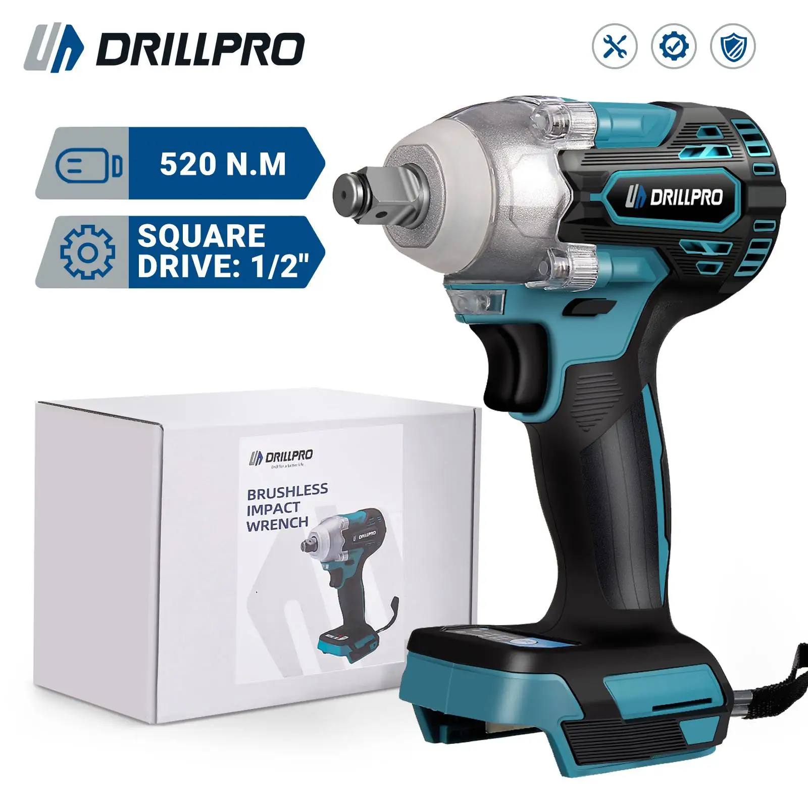 

Drillpro 520Nm Torque Brushless Electric Impact Wrench 1/2 inch Cordless Wrench Screwdriver Power Tools For 18V Battery