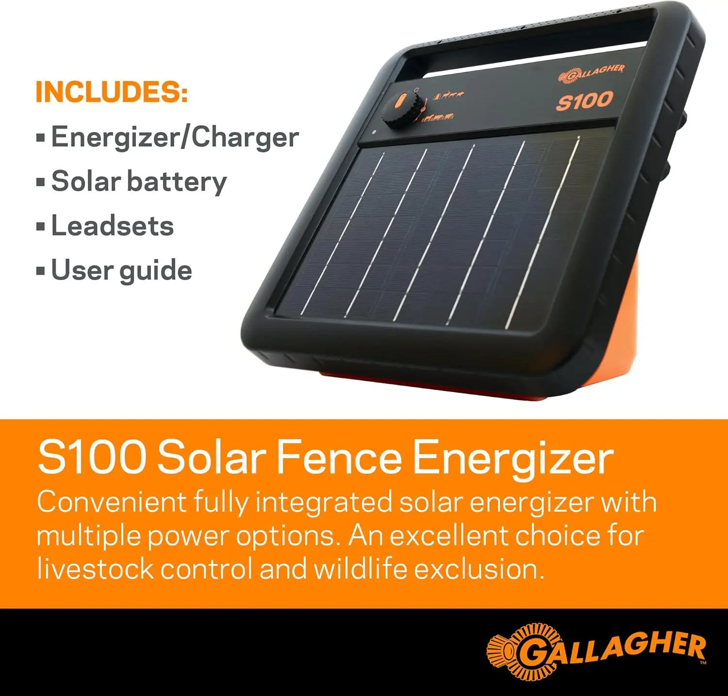 Gallagher S100 Solar Electric Fence Charger Powers Up to 30 Mile Low Impedance,Battery Saving Technology Solar Battery &Leadsets