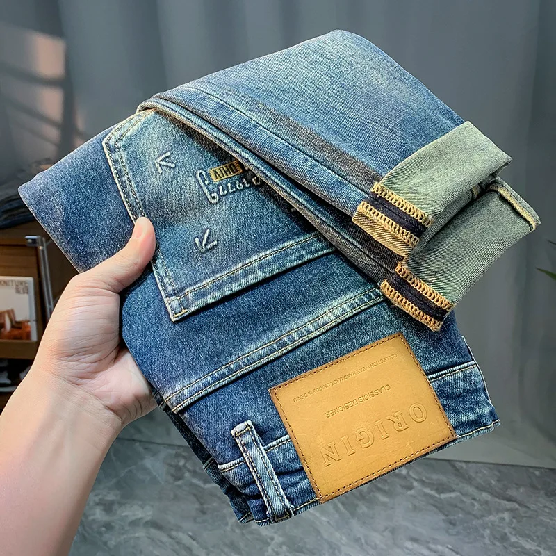 High-End and Fashionable Jeans Men's Slim Fit Skinny 2024 Spring and Autumn New Casual Simple Hot Stamping Flower Trousers