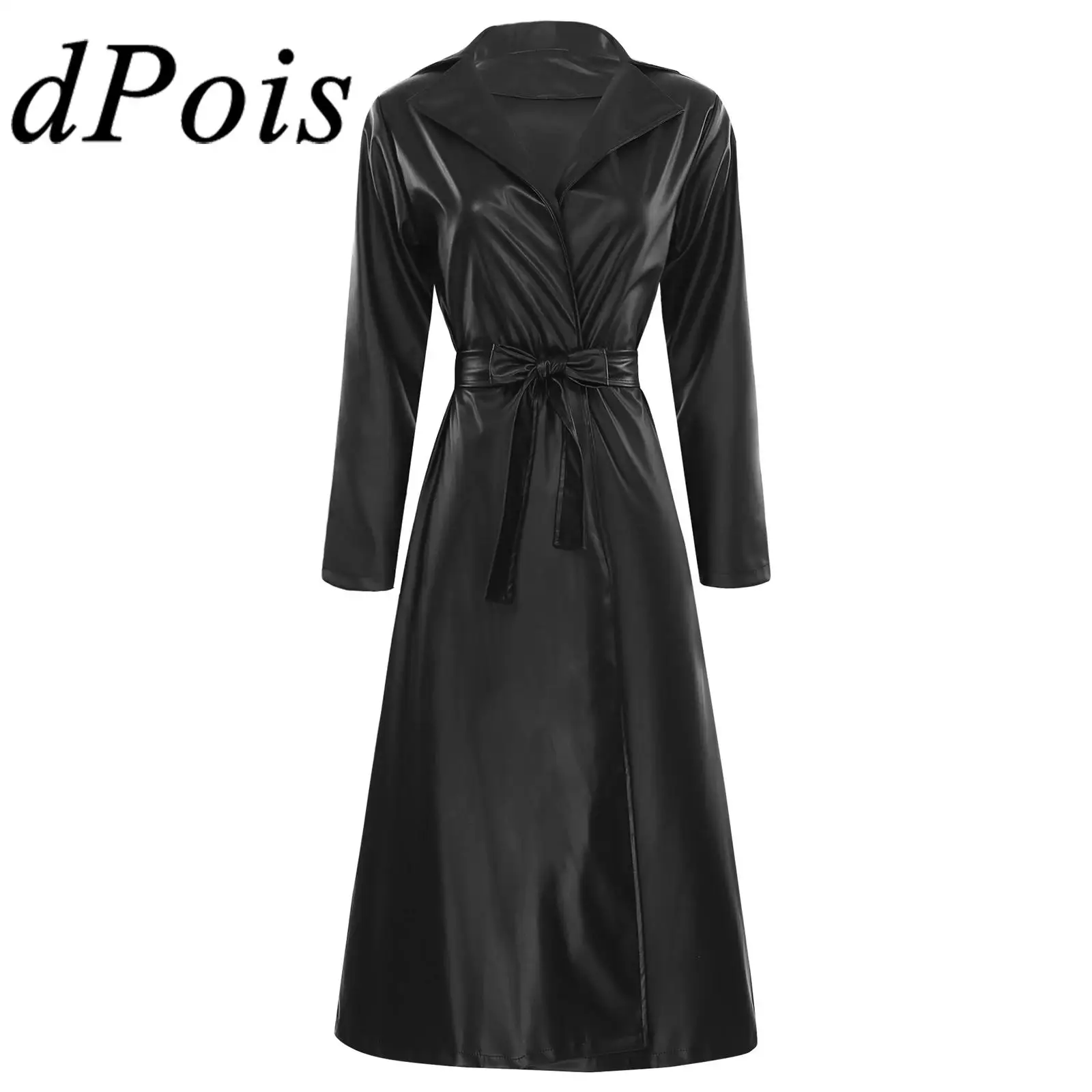 Mulheres longas jaqueta de couro falso moda trench coat manga longa frente aberta outerwear jaquetas com cinto rua motobike outerwear