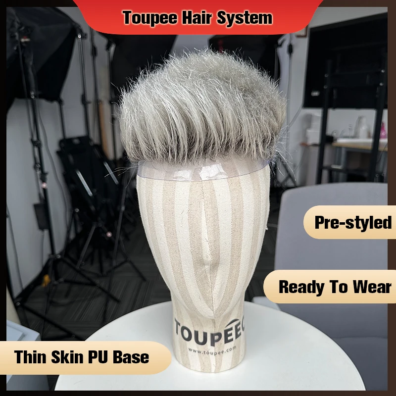 Human Hair Toupee For Men PreStyled Thin Skin PU Basement Hair Piece Hair Replacement Systems Men\'s Wigs Protesis Male Grey Har