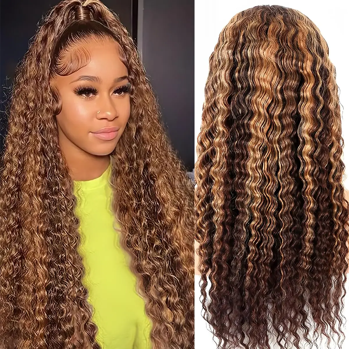 

26 Inch 13x4 Ombre Highlight Deep Wave Lace Front Wigs Human Hair P4/27 180% Density Human Hair Wig Pre Plucked With Baby Hair