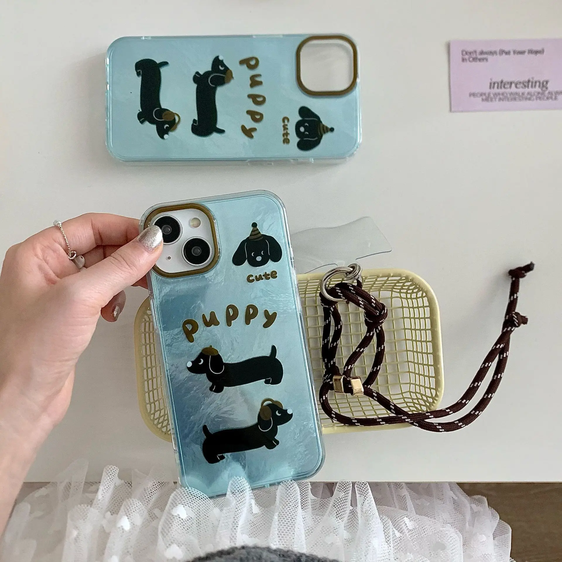 Whirlpool pattern blue brown puppy phone case with phone lanyard  For iPhone 11 12 13 14 15 16 pro max