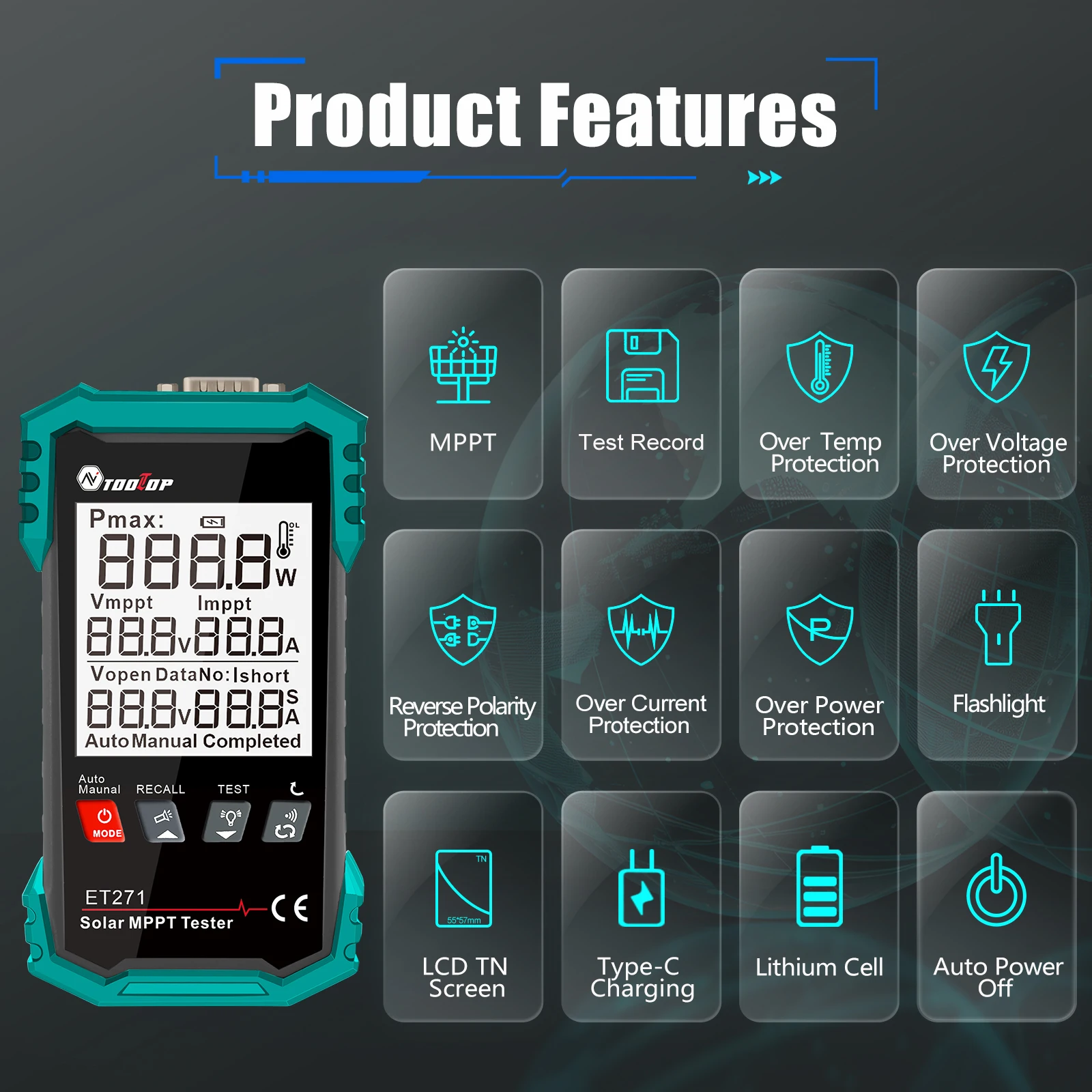 

TOOLTOP ET271 Solar Panel 2000W MPPT Tester Data Storage Photovoltaic Solar Power Meter Portable Solar Battery Maintenance