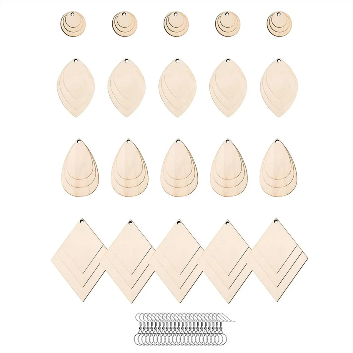 2025+ 230 PCS 4 Shapes Unfinished Wooden Earrings Blanks with 60 Earring Hooks, 60 Jump Rings and 50 Silver Bead Chain