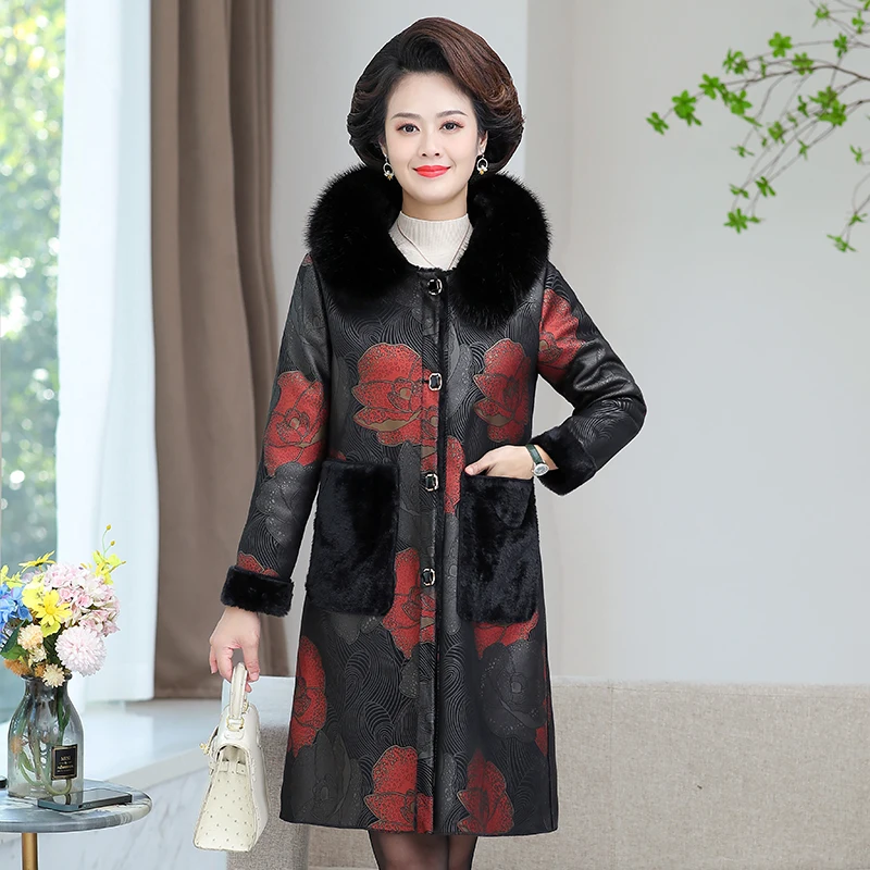 

New Women's Leather printing Jacket Winter Plus Velvet Warm Double-sided mid length hood Leather Coat Female Outerwear