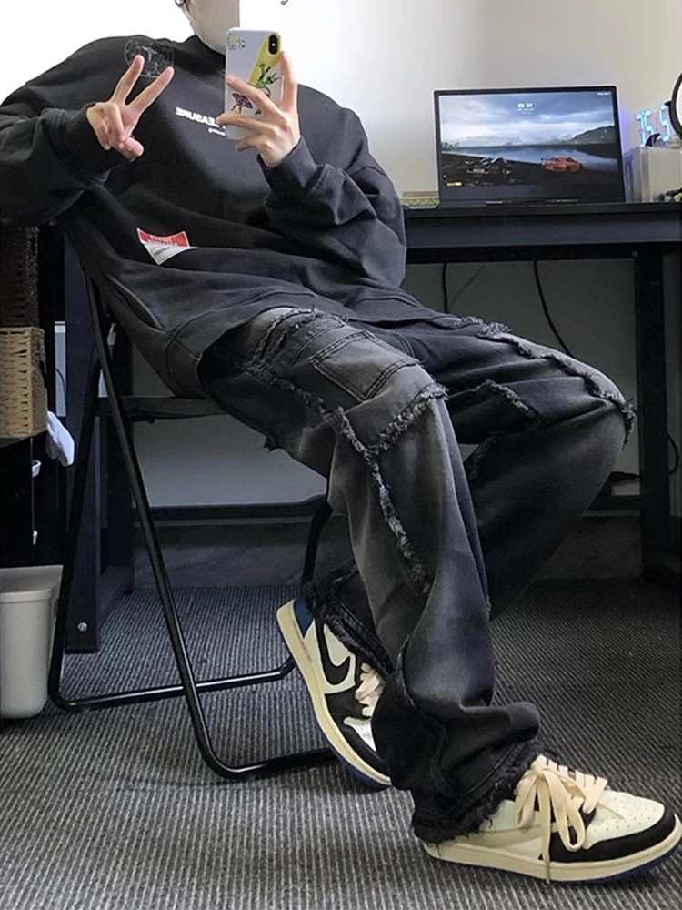 

American Style Retro Workwear Jeans Men's Spring Autumn New Heavy Wash Hip Hop High Street Casual Long Pants Cotton Polyester...