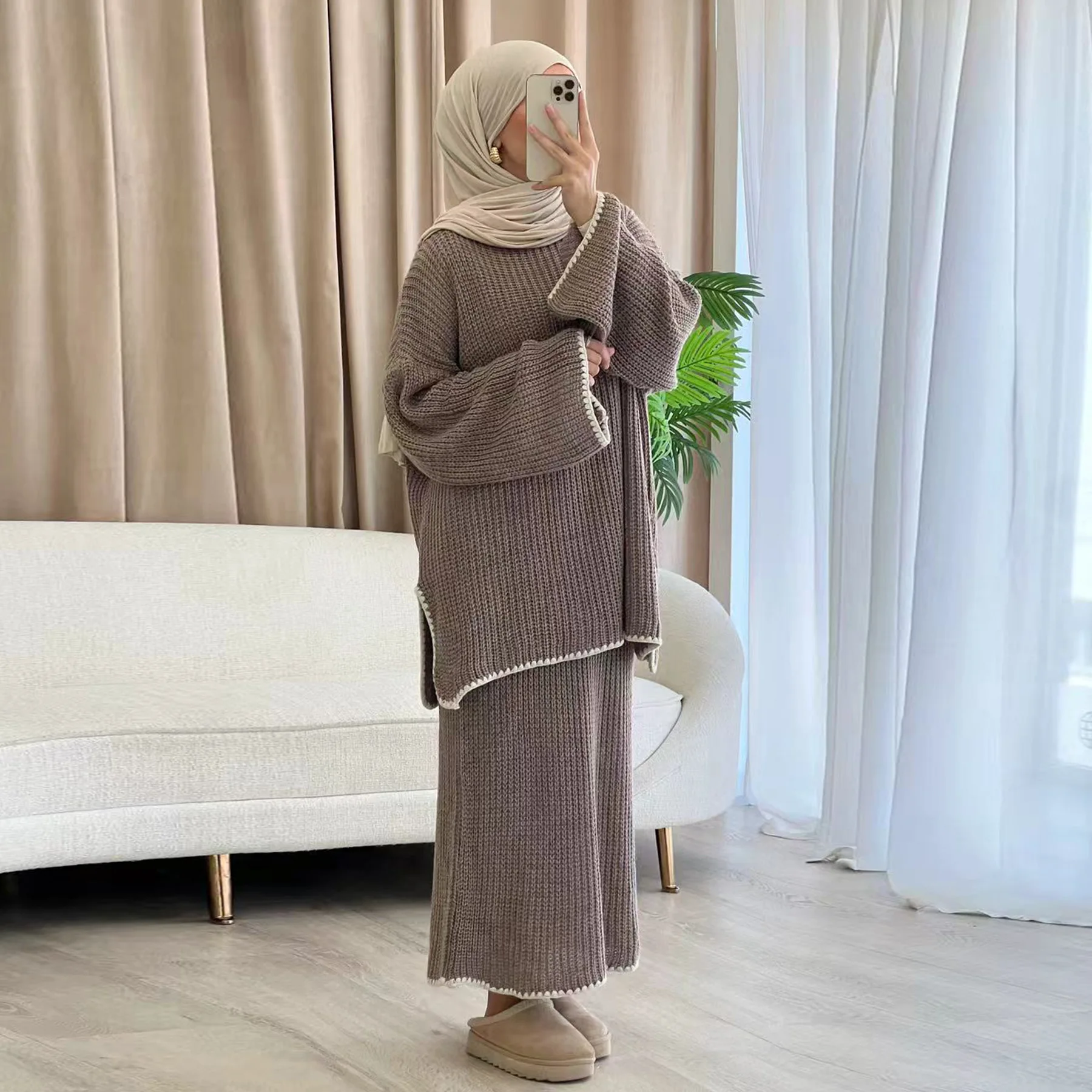 Eid Donna Gonna maglione lavorato a maglia Set da 2 pezzi Set musulmani Top e gonna lunga Ramadan Dubai Musulman Ensembles Abiti arabi marocco