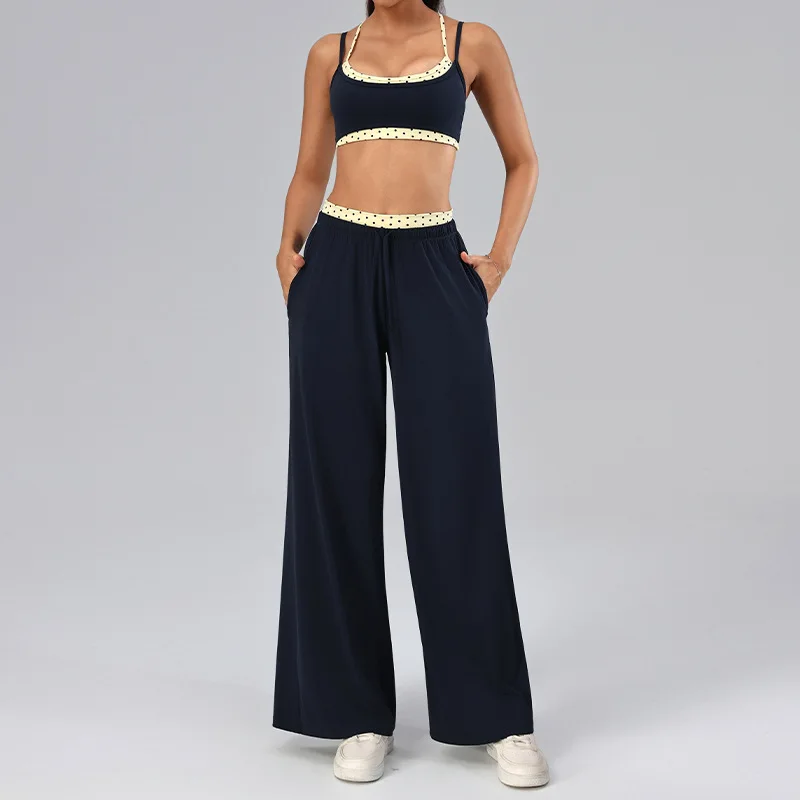 2Pcs Fitness Set Women Polka Dot Cross Back Sports Bra High Waisted Shorts Wide Leg Straight-Leg Pants with Pockets Sportswear