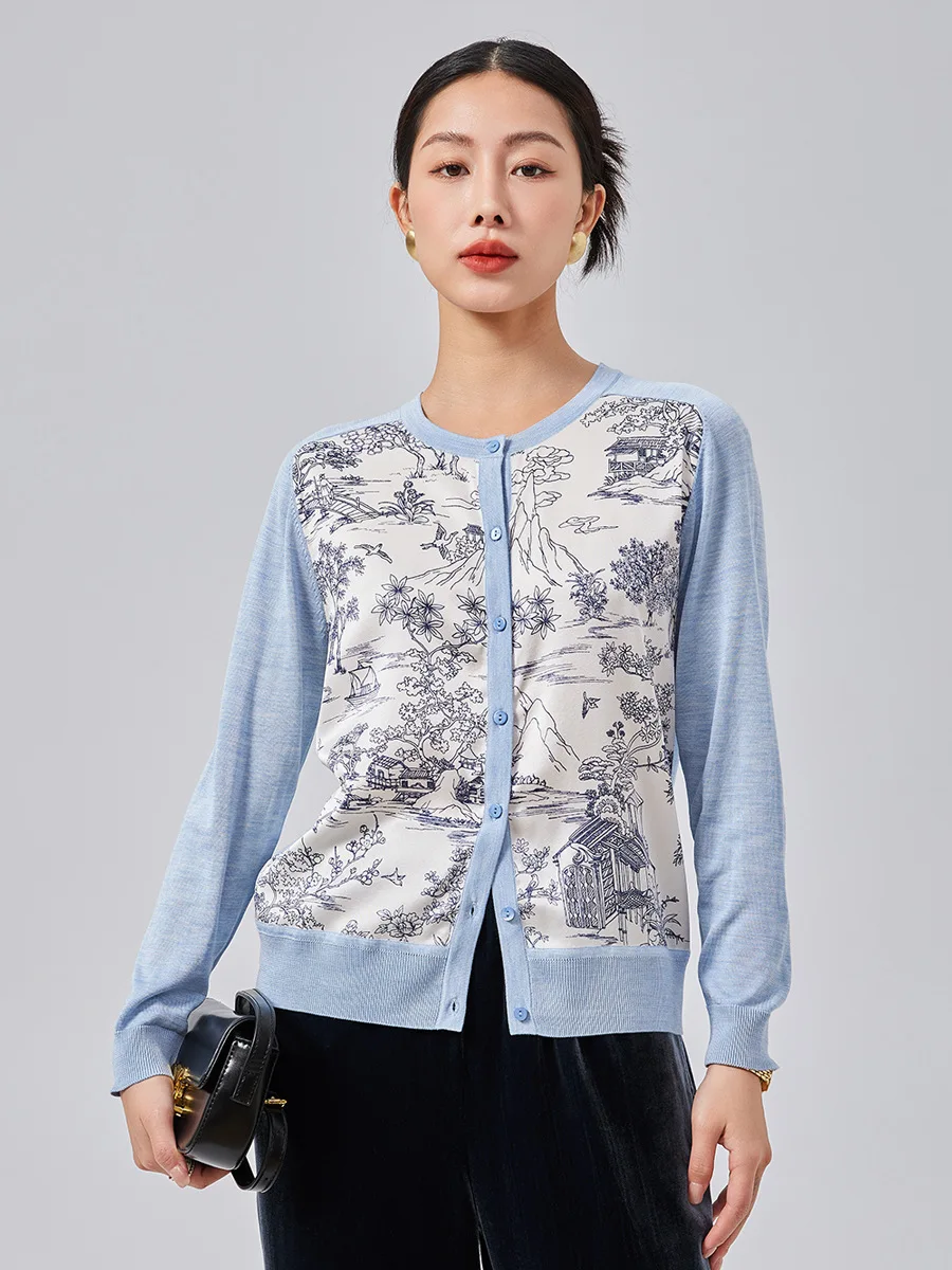 Birdsky, 1PC Women sweater top button cardigan office lady long sleeve landscape print combination 100% mulberry silk, S-525