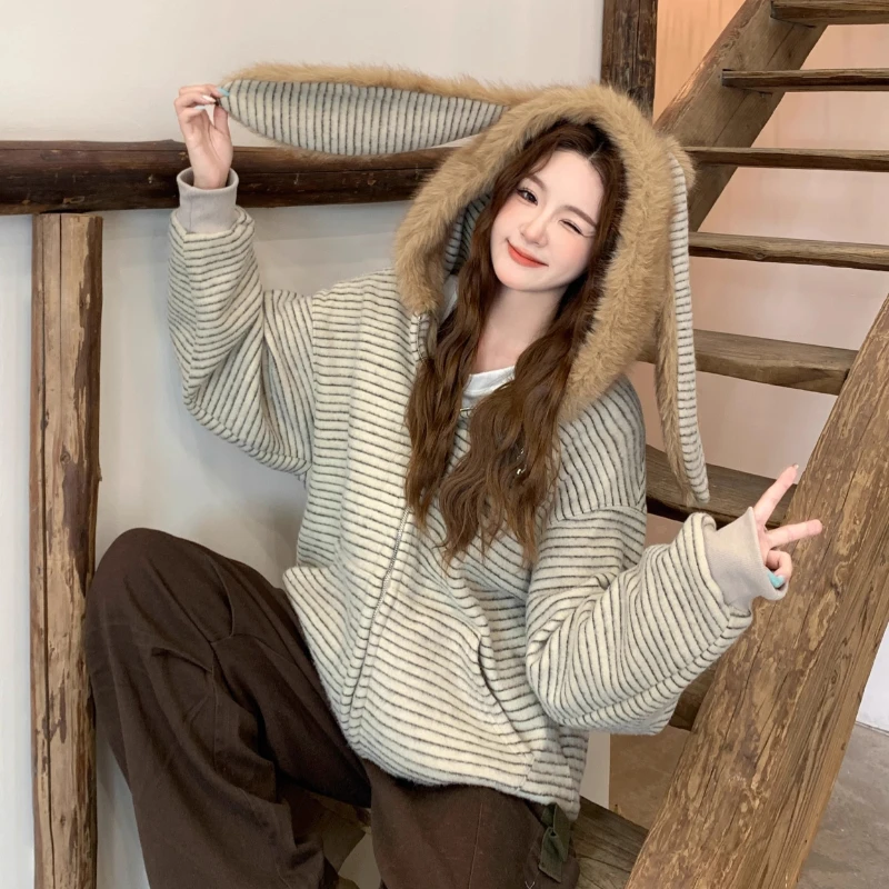 

Full Fur Lined College Style Striped Cute Bunny Ear Padded Cardigan Sweatshirt Women Hooded Furry Collar Thick Woolen Plush Coat