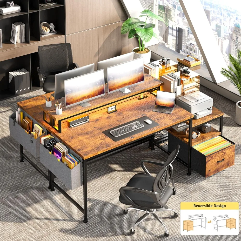 

Computer Desk with Drawers and LED Lights,57 Office Desk with Power Outlets , Gaming Desk with File Drawers