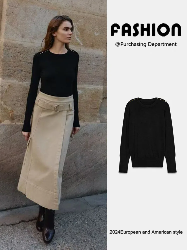 

Новинка весенней коллекции: Женский вязаный свитер с длинными рукавами, круглым вырезом, декорированный пуговицами, европейский стиль, зимняя коллекция