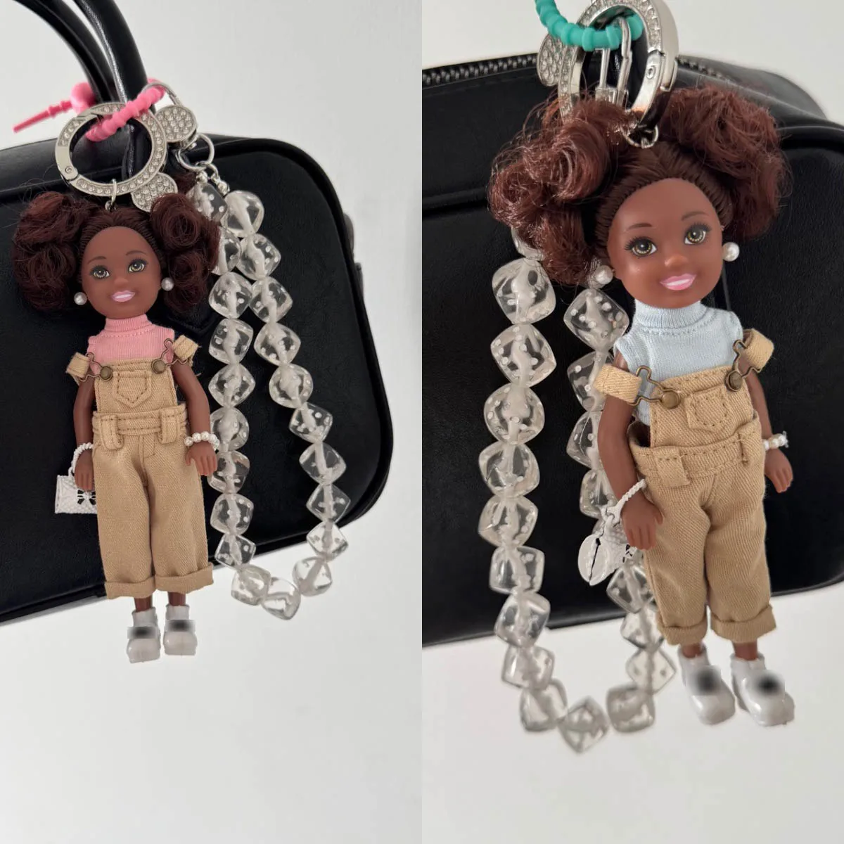 النسخة الكورية الحلو التوابل فتاة دمية على شكل أميرة المفاتيح موضة الدنيم بانت مطرز الأفريقي الأسود الجلد دمية حقيبة أنيقة ديكور المفاتيح #6