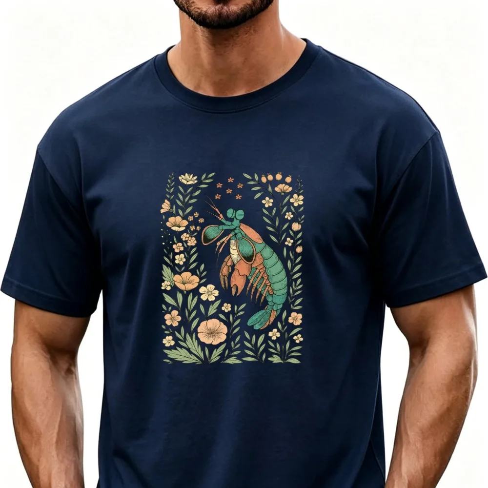 Unisex Cottagecore Wildflower Frame Crayfish Print T-shirt Retro Botanical Lobster Art Aesthetic Short Sleeve Casual Tee Gift