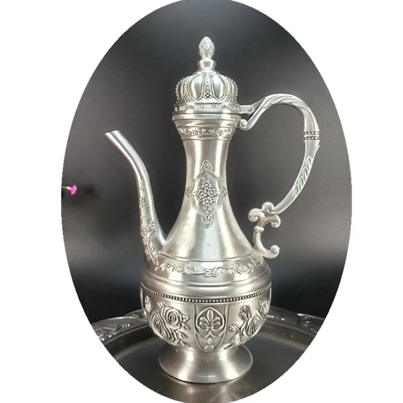 R-44 Tin Metal round Wine Pot Dark Silver Ancient Tin Color Rose Capacity 400.00G 400 Ml