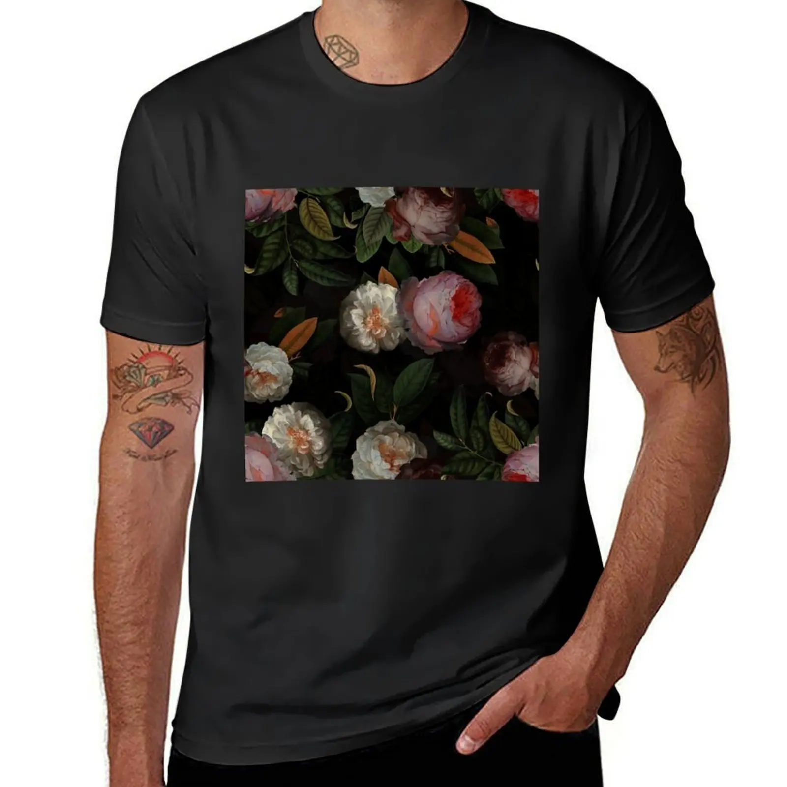 Black Jan Davidsz. de Heem Vintage Roses Flowers Botanical Night Garden T-Shirt sublime Blouse cute tops mens cotton t shirts