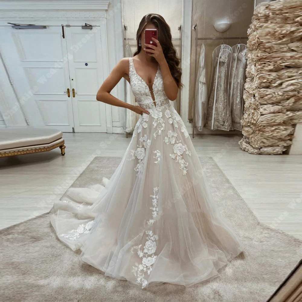 

Elegant A-Line Women Wedding Dresses Sexy Deep-V Sleeveless Bridal Gowns Mopping Length Lace Printing Robes Vestidos De Novias